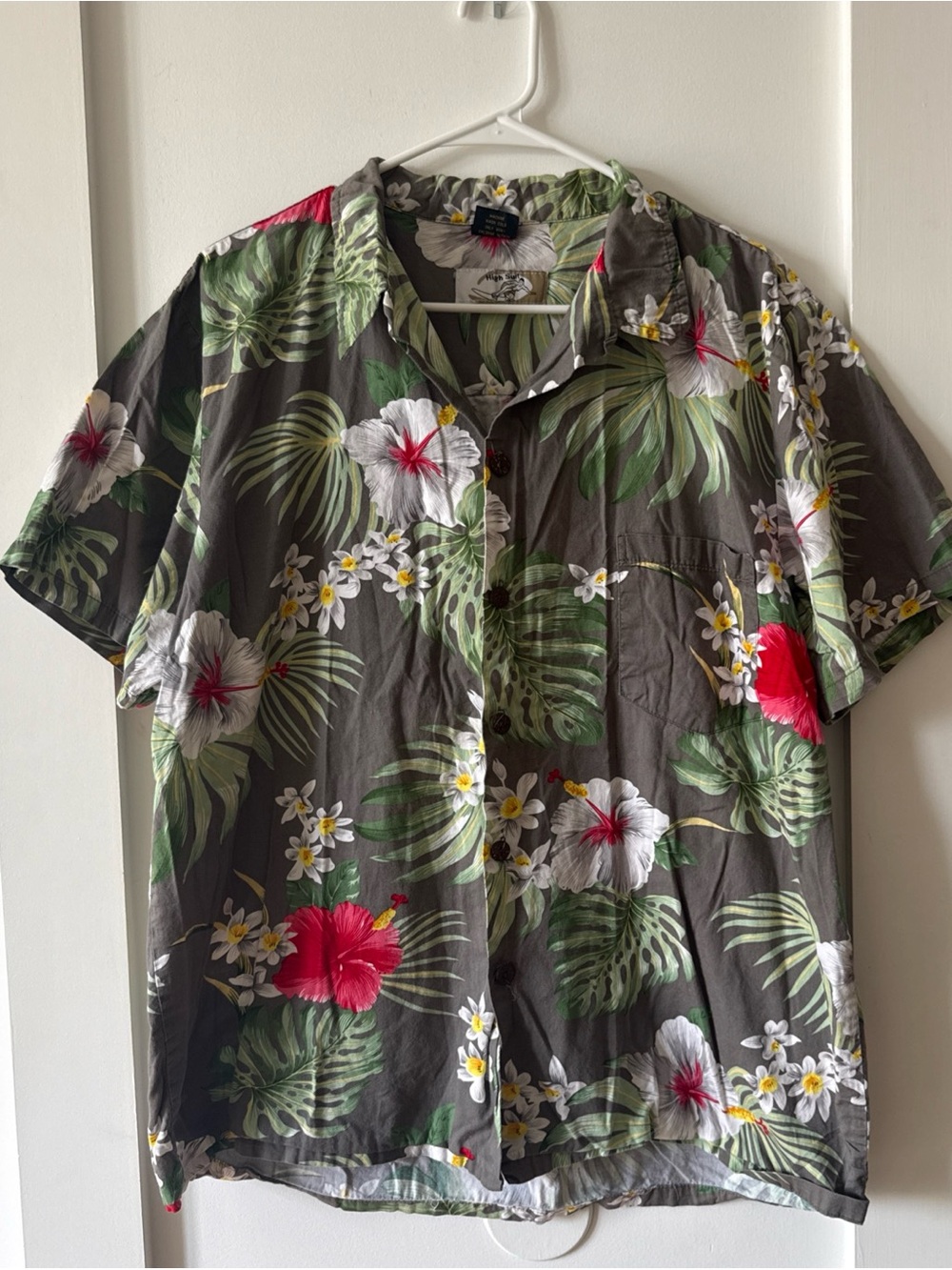 Vintage High Surf Cotton Aloha Hawaiian Shirt Tiki Gray Red Green Floral XL